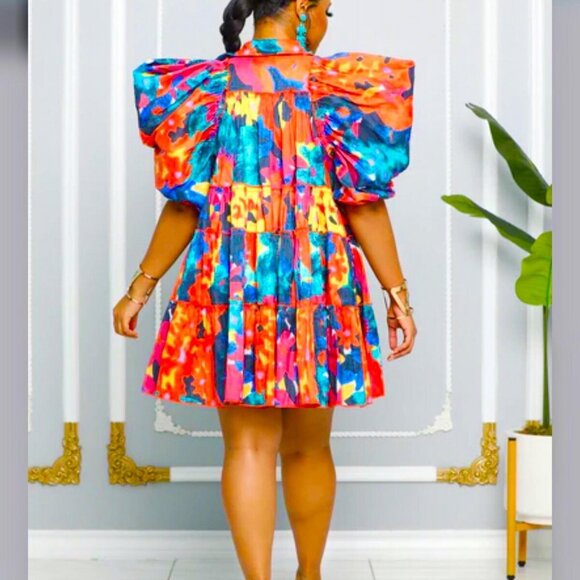 Brand NEW Fabulous Baby Doll Dress with Puffy Sleeve Tie -Dye Print - Picture 2 of 4